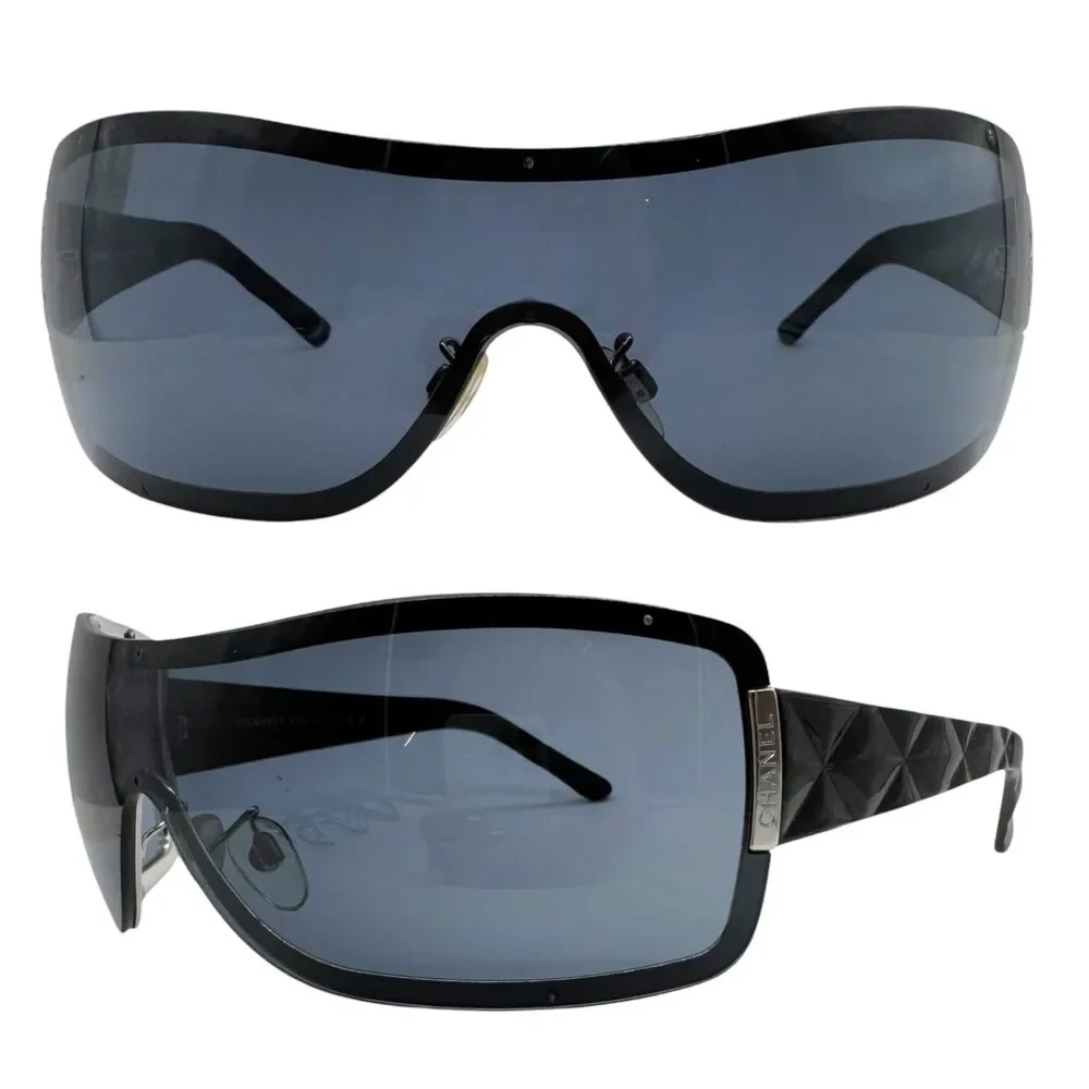 Chanel Black Matelasse Quilted Arm Shield 4126 Sunglasses w/ Case
